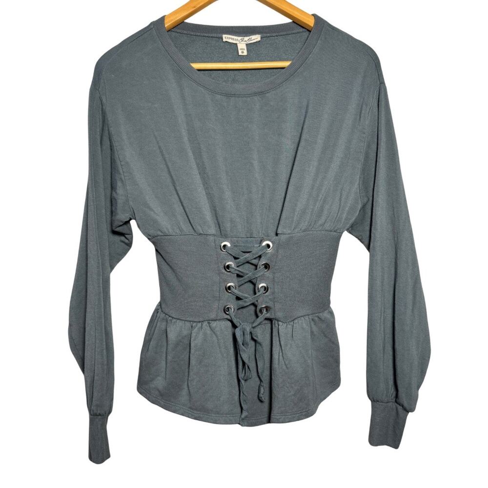 Express Corset Style Long Sleeve Top Gray XS Lace Up Waist Whimsygoth Y2K